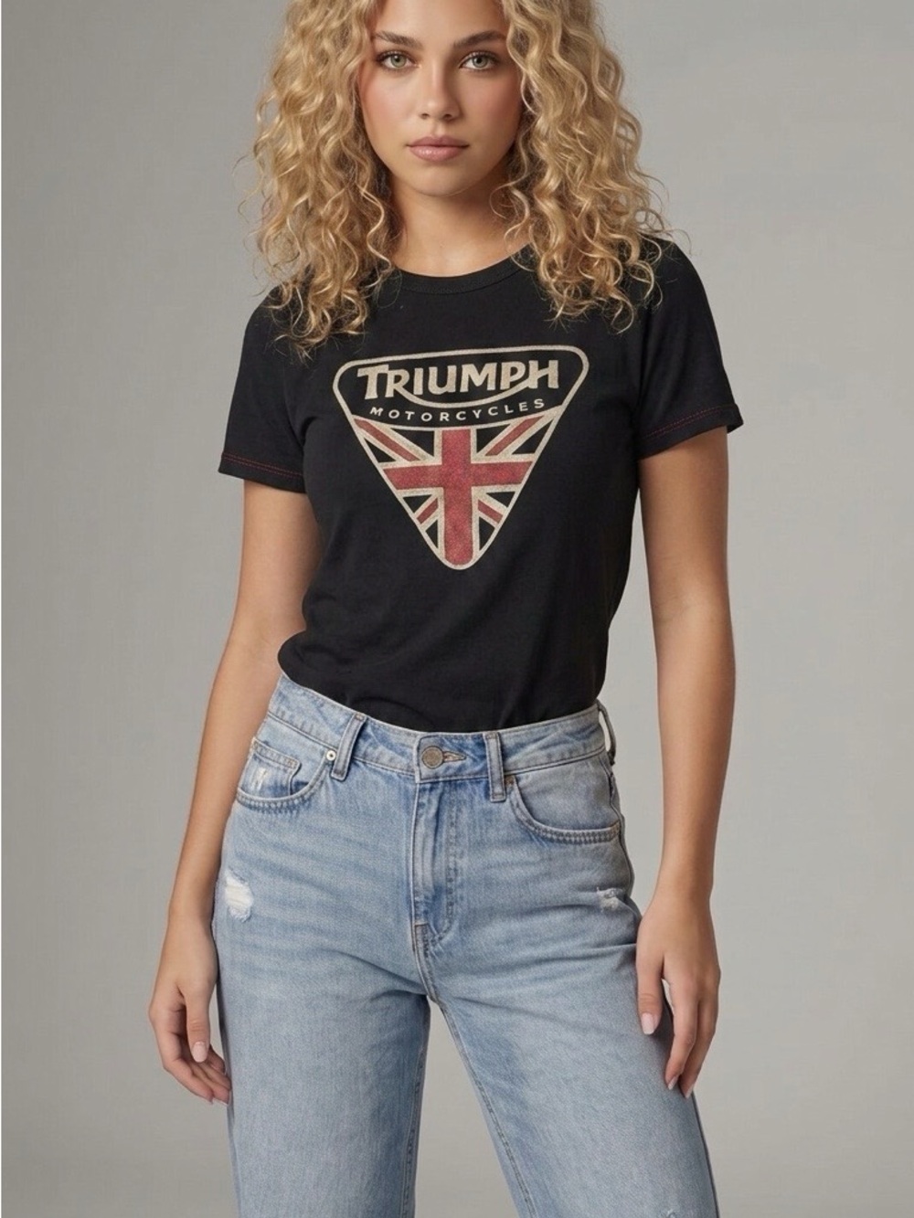 Lucky Brand Black Tee with Red and Cream Triumph Shield